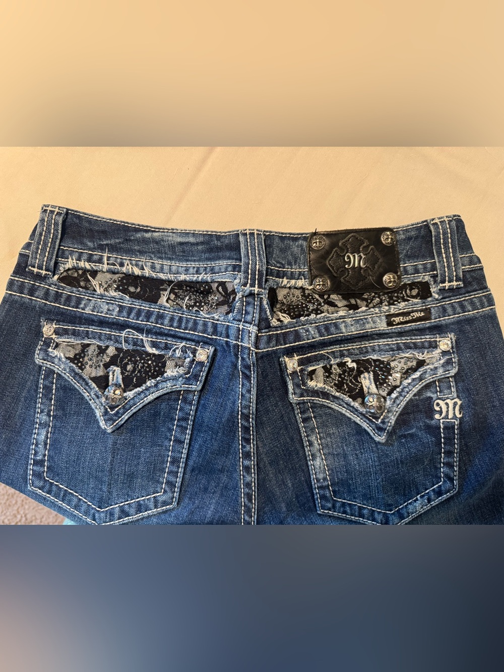 Miss Me Blue Denim Bootcut Jeans with Black Lace Insets